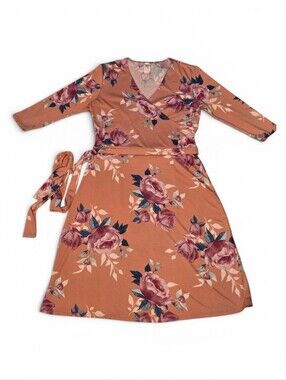 Boho Chic Floral Faux Wrap Midi Dress Modern Classic V-Neck ¾ Sleeves Size M